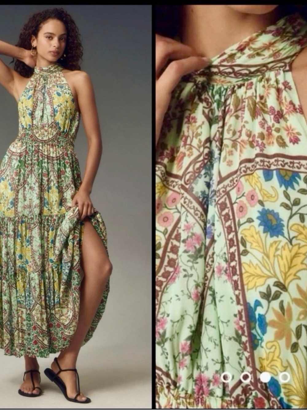 Anthropologie Halter Maxi Dress in Sage Green with Yellow & Blue Floral